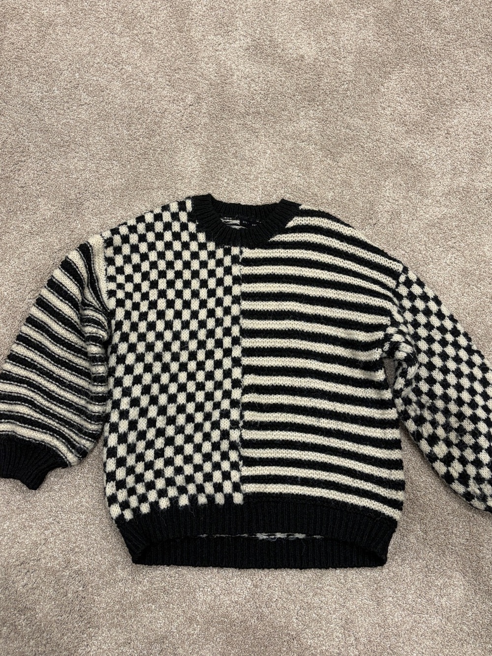 bohme Black and Cream Checkerboard & Stripe Crewneck Sweater
